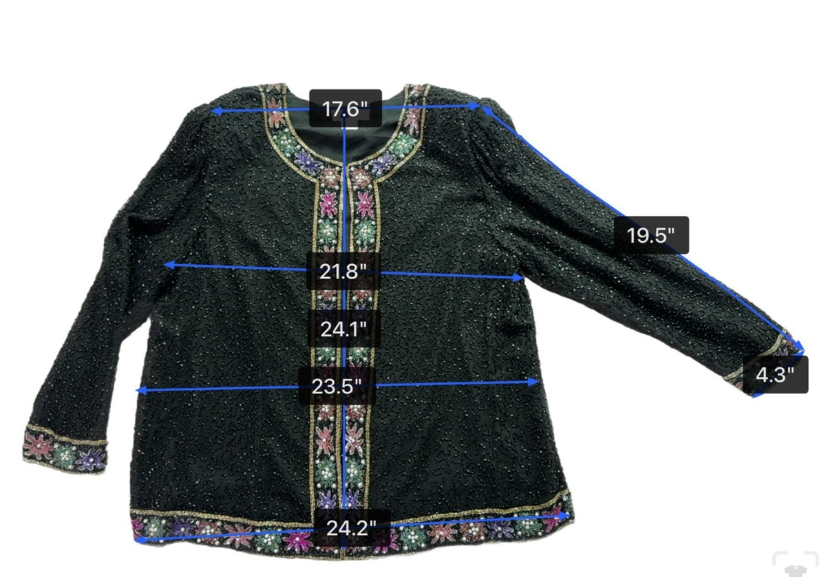 Lawrence Kazar Womens Black Beaded Silk  Jacket & Top Floral Embellished Sz 2X