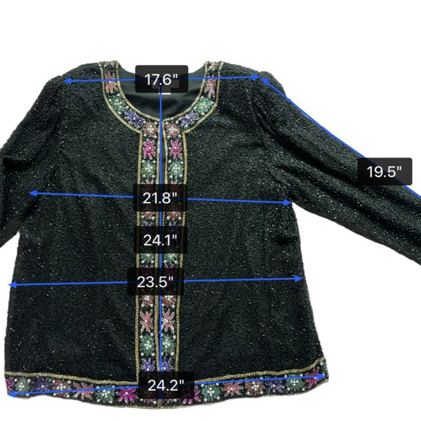 Lawrence Kazar Womens Black Beaded Silk  Jacket & Top Floral Embellished Sz 2X