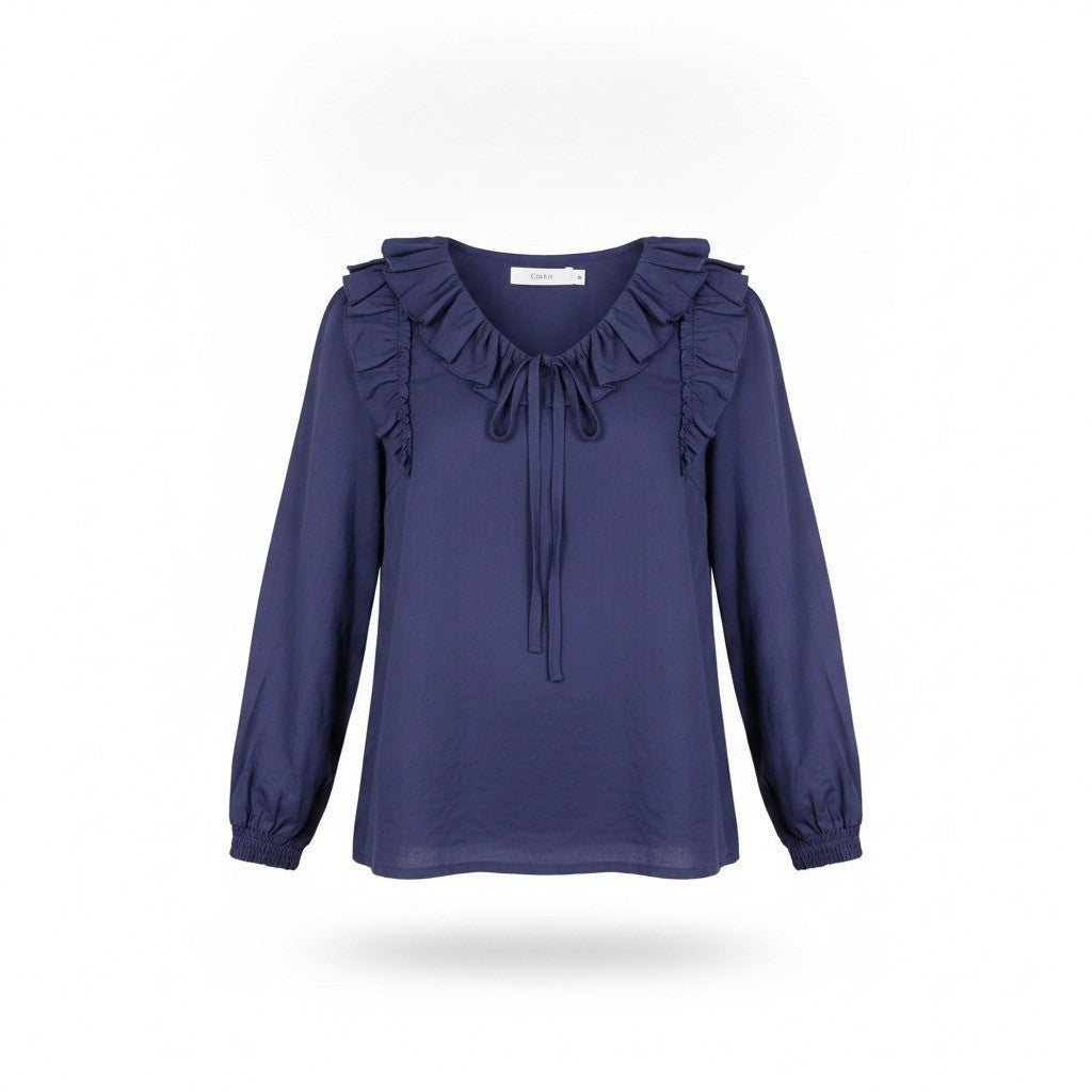 Star By So Nice Womens Navy Cotton Blouse With Ruffled Collar Long Sleeves Sz 36