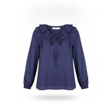 Star By So Nice Womens Navy Cotton Blouse With Ruffled Collar Long Sleeves Sz 36