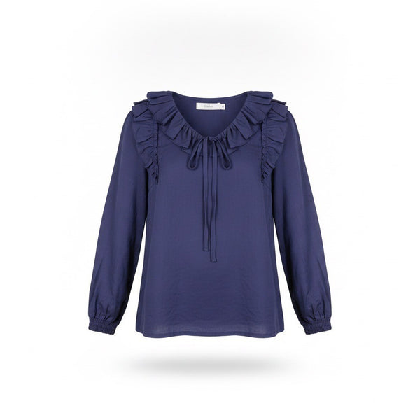 Star By So Nice Womens Navy Cotton Blouse With Ruffled Collar Long Sleeves Sz 36