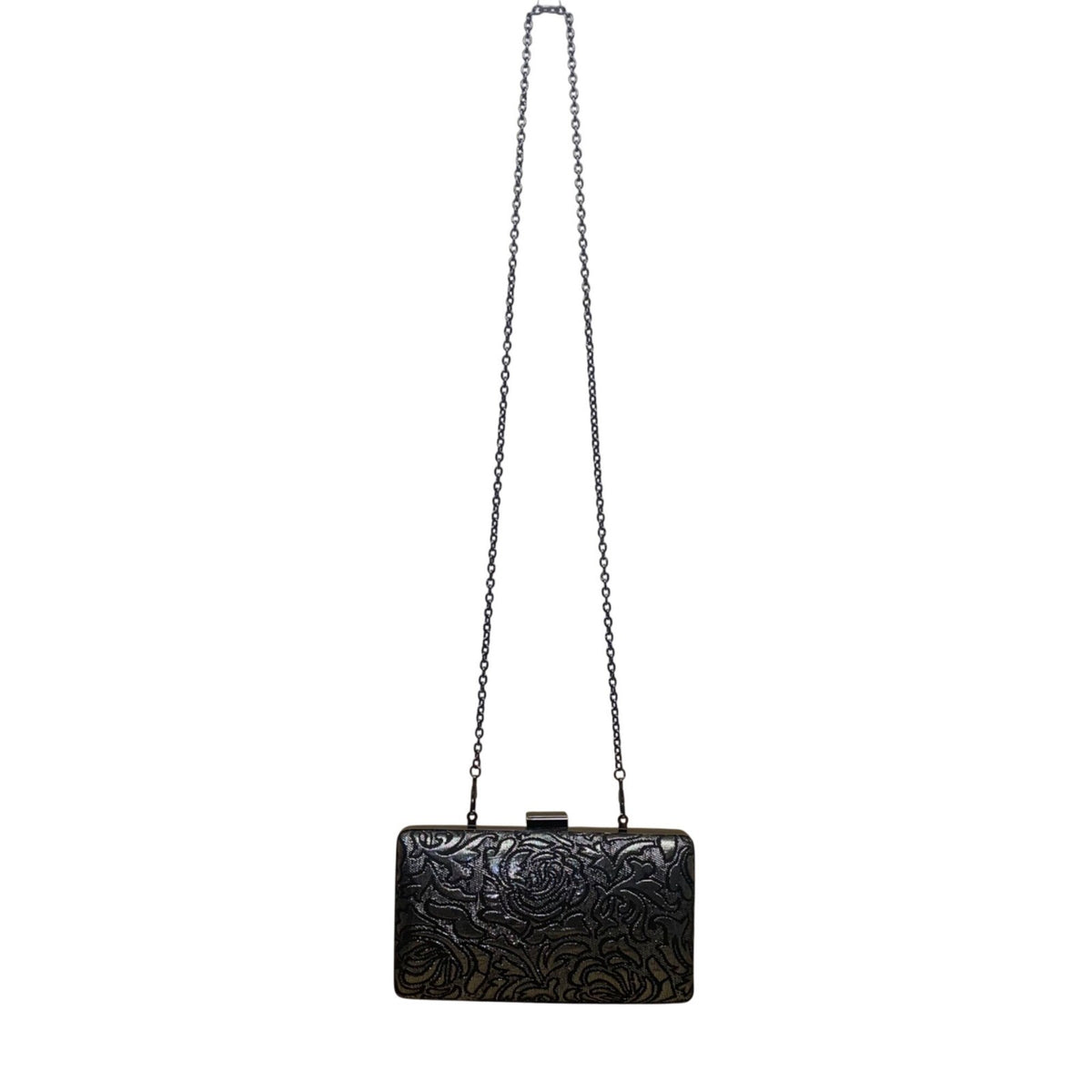 Jessica McClintock Women’s Black Rose Embossed With Chain Strap Evening Clutch P