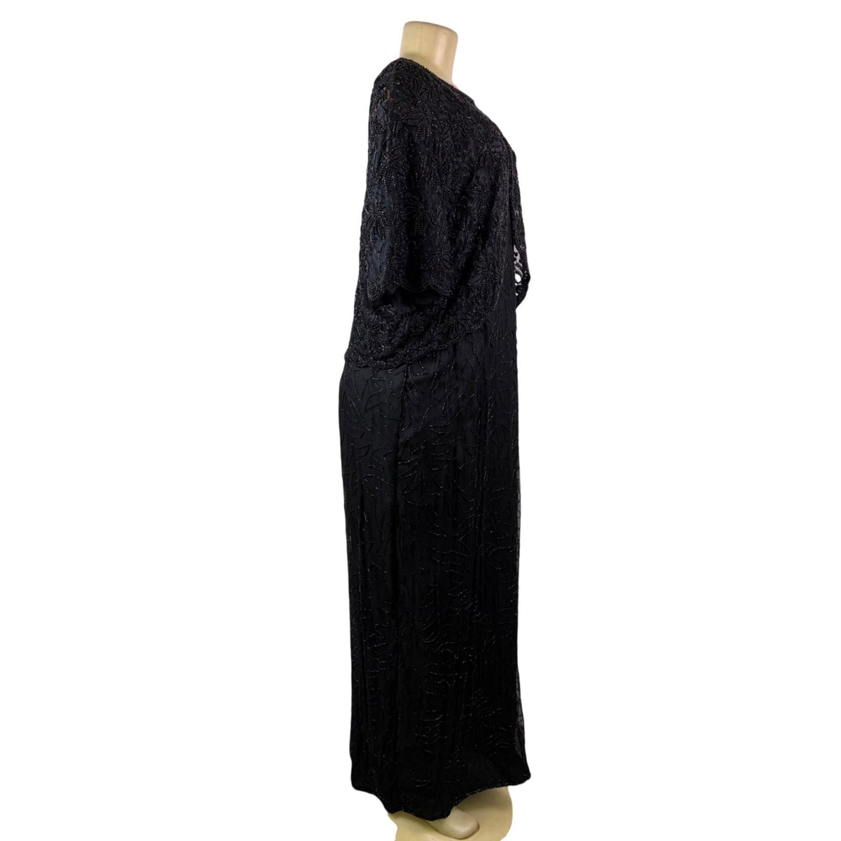 Sténay Womens Black Silk Beaded Evening Gown With Sheer Jacket  Elegant Size 20