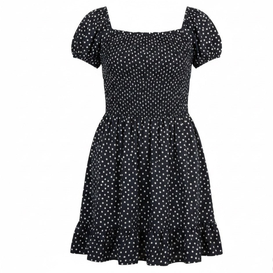 Asos Womens Black White Polka Dot Short-Sleeve Smocked Mini Dress Size 10