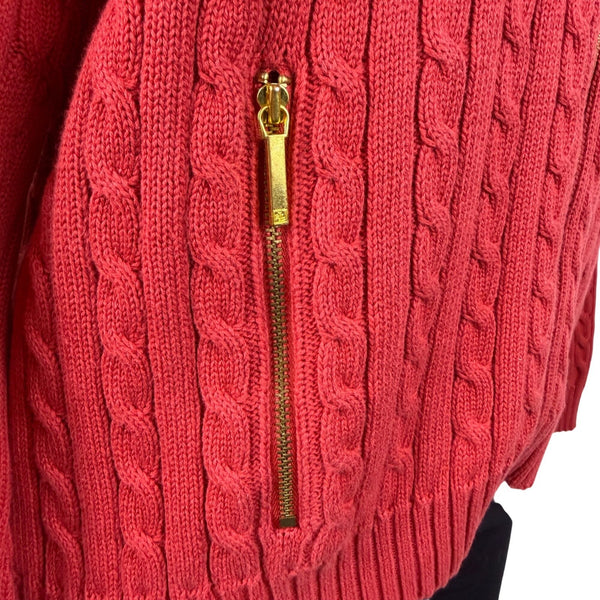 Lauren Ralph Lauren Womens Red Cable Knit Full Zip Sweater With Pockets