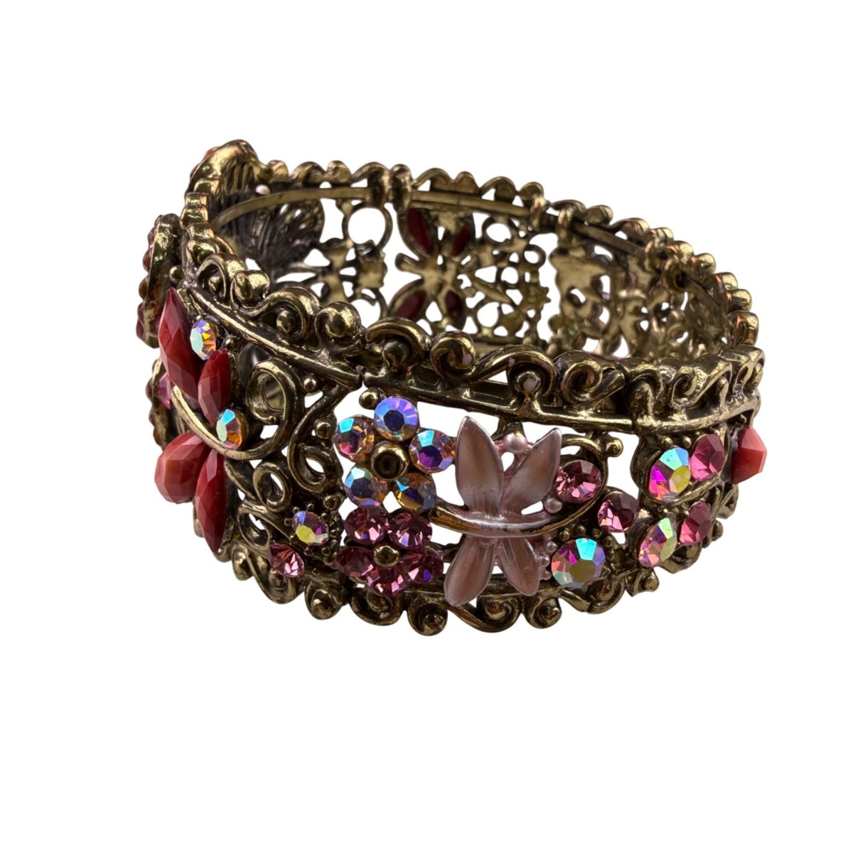 Bronze Floral Cuff Bracelet With Clear & Pink Faux Rhinestones & Red Gemstones