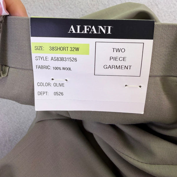 Alfani Mens Olive 100% Wool Performance Suit Two-Piece Garment Size 38S 32W