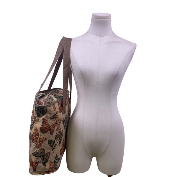 J Garden Unisex Beige Fabric Butterfly Pattern Zipper Closure Tote Bag