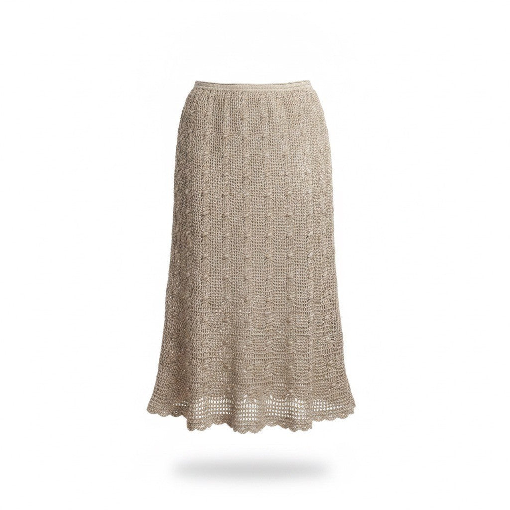 Crochet Beige Cotton Womens Skirt Lined Hand Wash Elastic Waist Philippine Sz 10