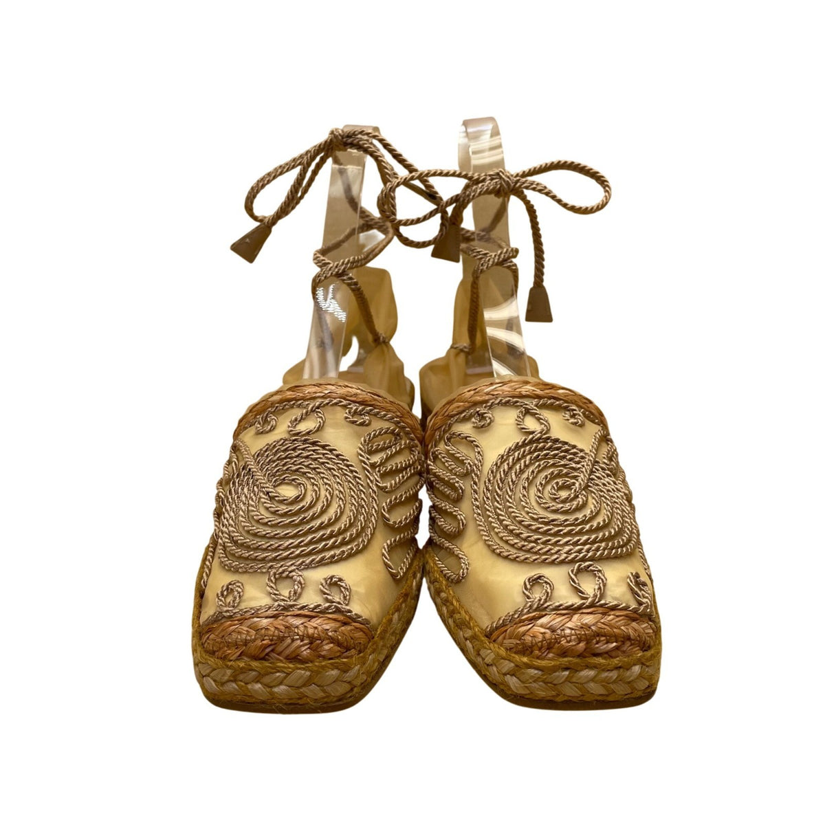 Stuart Weitzman Women’s Brown Embroidered Espadrille Lace-Up Satin Flats Size 7