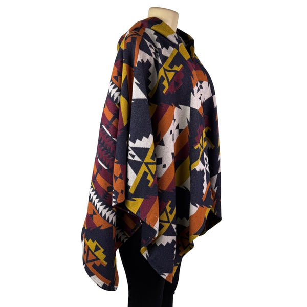 Pinko Womens Multicolor Wool Blend Hooded Poncho Geometric Pattern One Size