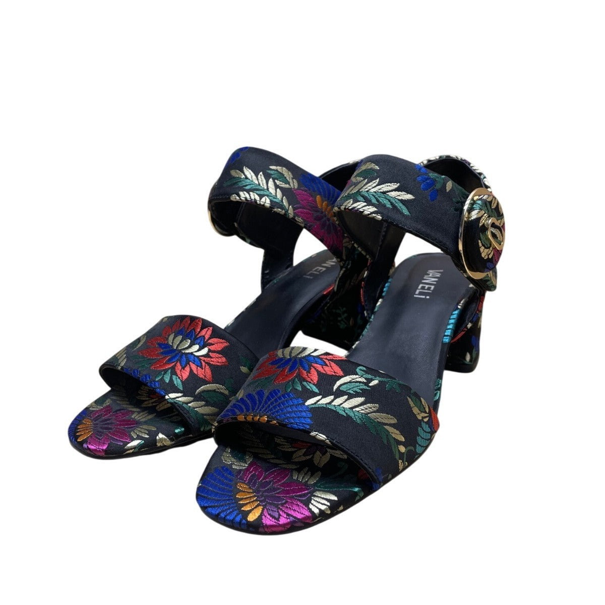 Vaneli Women’s Black Floral Embroidered Open Toe Block Heel Sandals Size 9N