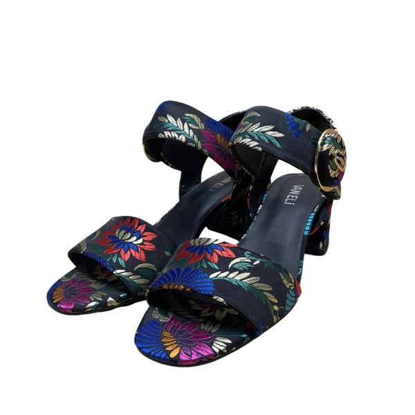 Vaneli Women’s Black Floral Embroidered Open Toe Block Heel Sandals Size 9N