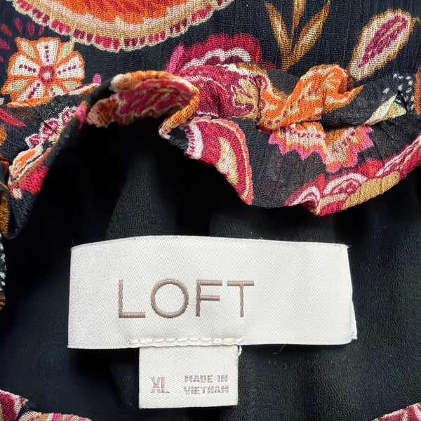 Loft Womens Black & Pink Paisley Print Long Sleeve Smocked Top Size XL