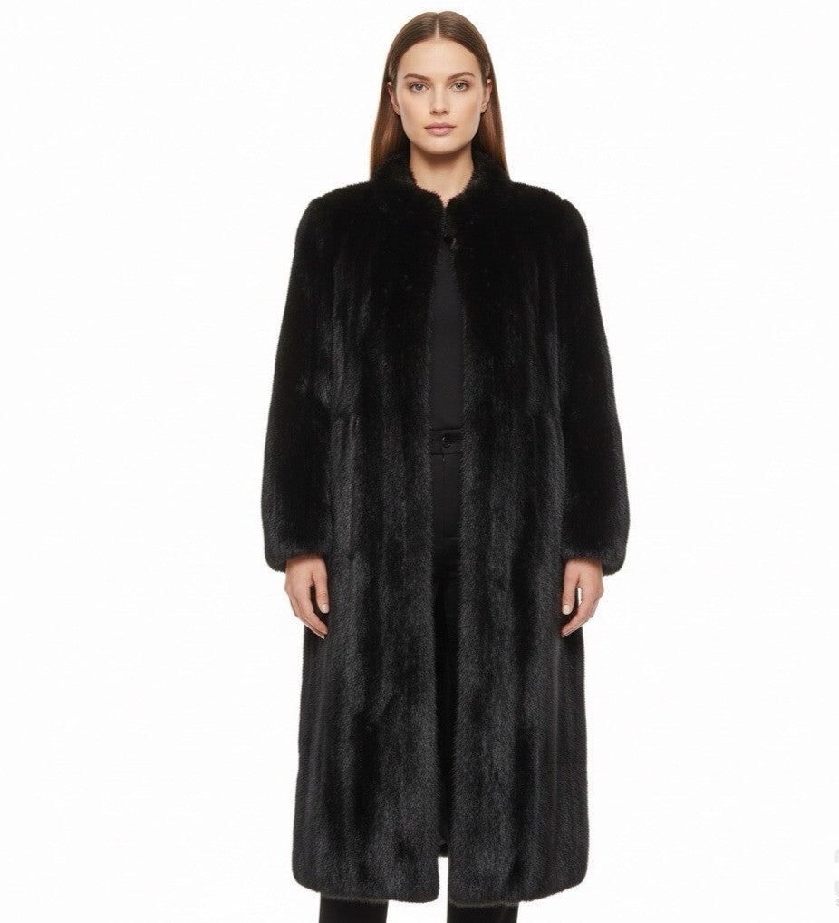 Black Womens Mink Fur Coat Luxury Long Full-Length Button-Up Soft Textured Sz M