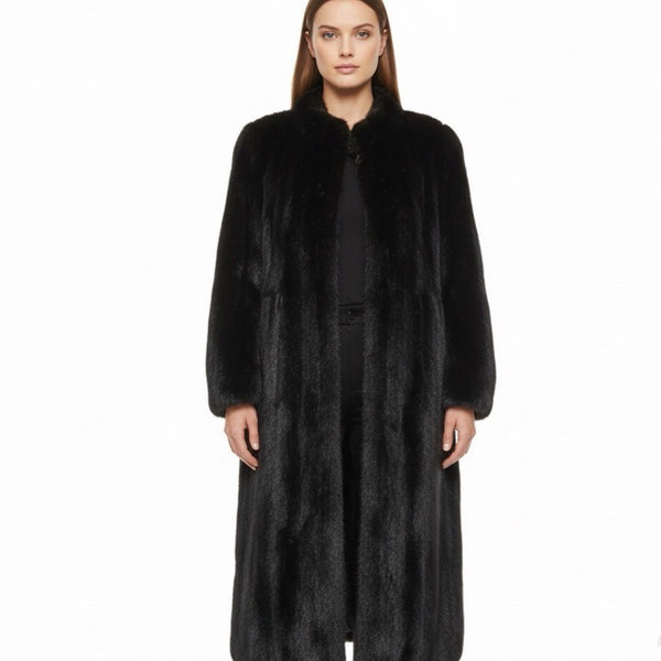 Black Womens Mink Fur Coat Luxury Long Full-Length Button-Up Soft Textured Sz M