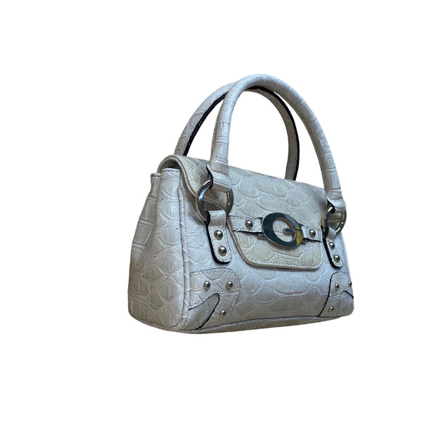 Vintage Guess Women’s Beige Faux Leather Croc Embossed G Logo Y2K Satchel Bag