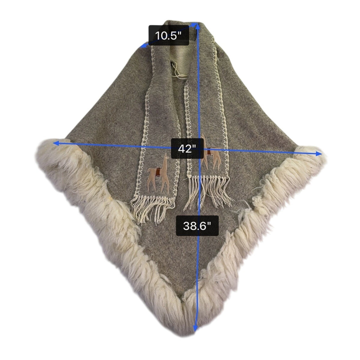 Womens Beige Alpaca-Inspired Embroidered Wool Poncho W/ Fringe & Fur Trim