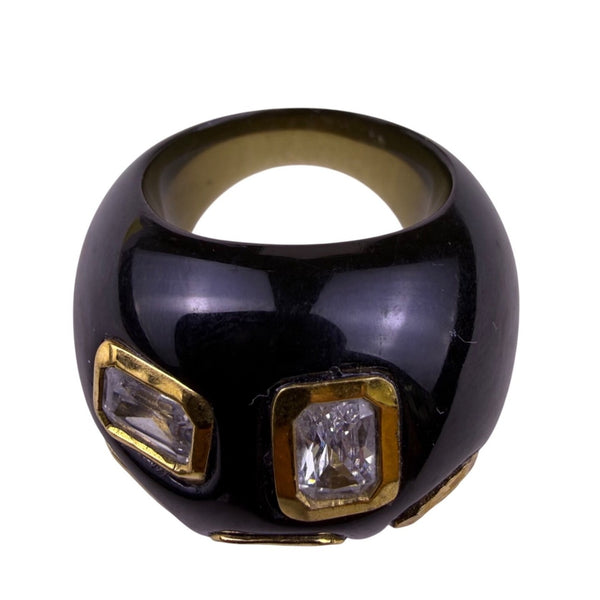 Black & Gold Tone Contemporary Resin Statement Ring Geometric Clear Stone  Sz 7