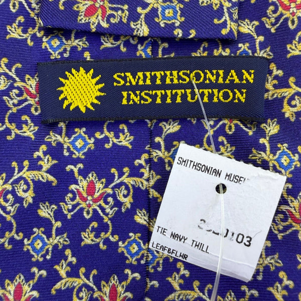 Smithsonian Mens Navy Blue 100% Silk Floral Pattern Necktie Elegant Design