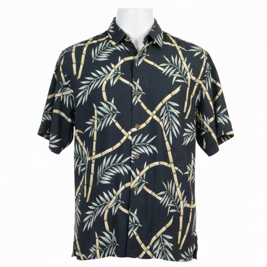 Tommy Bahama Mens Black Bamboo Print Silk Hawaiian Shirt Casual Resortwear Sz L