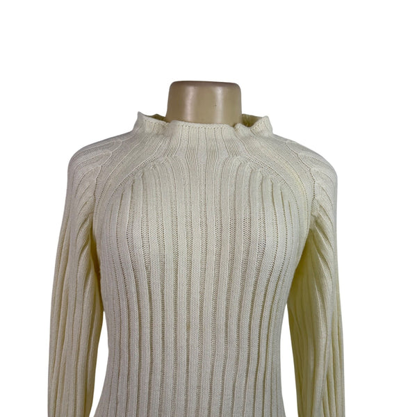 Queens Street Womens Cream Ribbed Knit Long Sleeve Midi Sweater Dress Size OS
