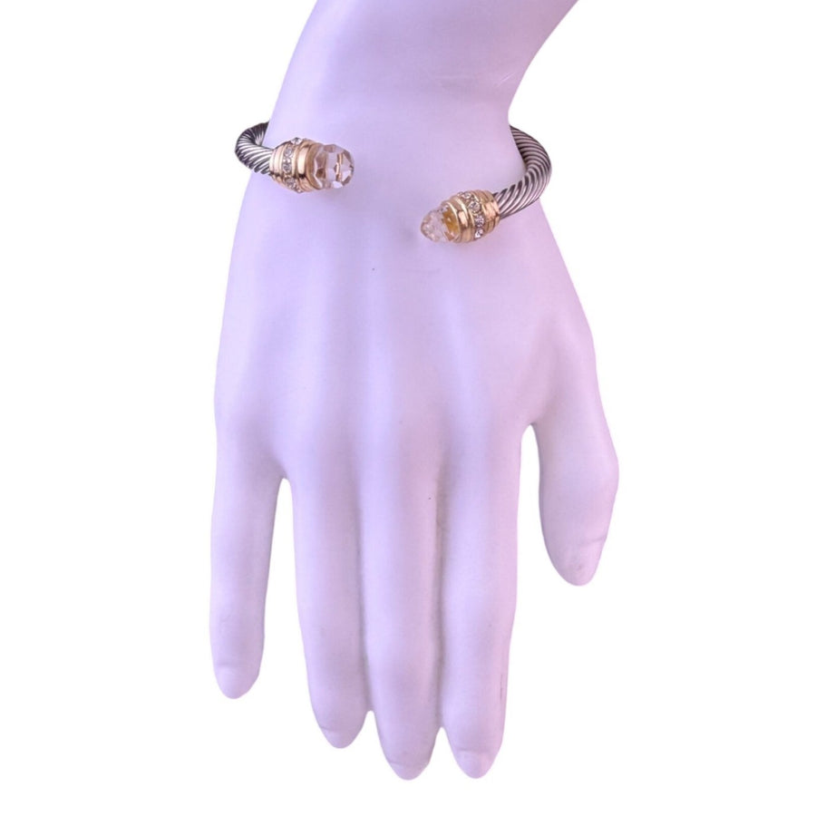 Two-Tone Womens Crystal-Accented Cable Cuff Bracelet Gold & Silver Plated