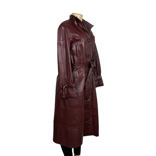 Tfc Women Maroon 100% Genuine Leather Belted Trench Coat Lined With Rayon Sz 8