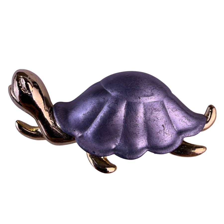 Vintage  Two-Tone Metal Turtle Brooch Stylish Glossy Purple & Gold Pin