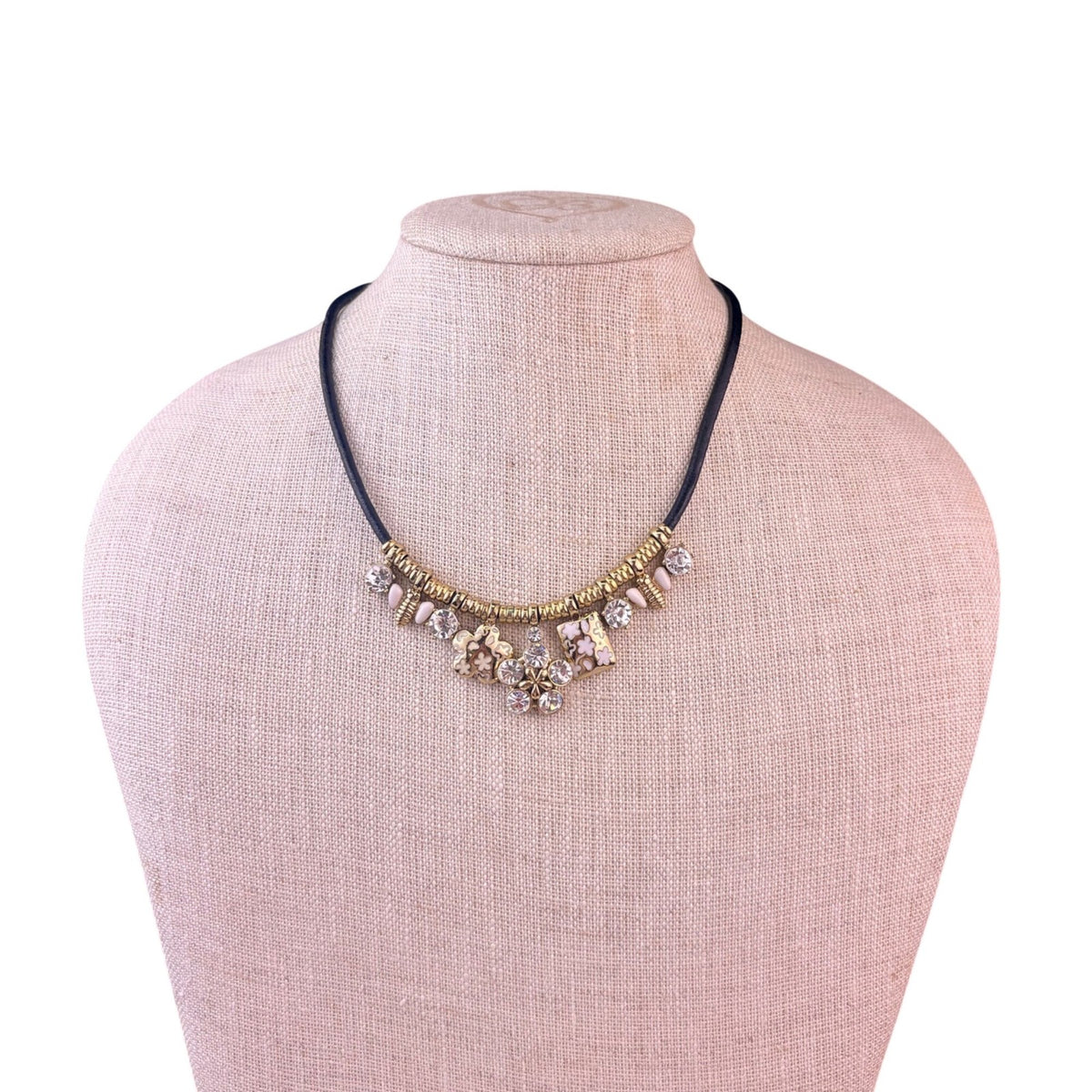 Pilgrim Womens Black Leather Necklace With Gold Tone & Crystal Charm 