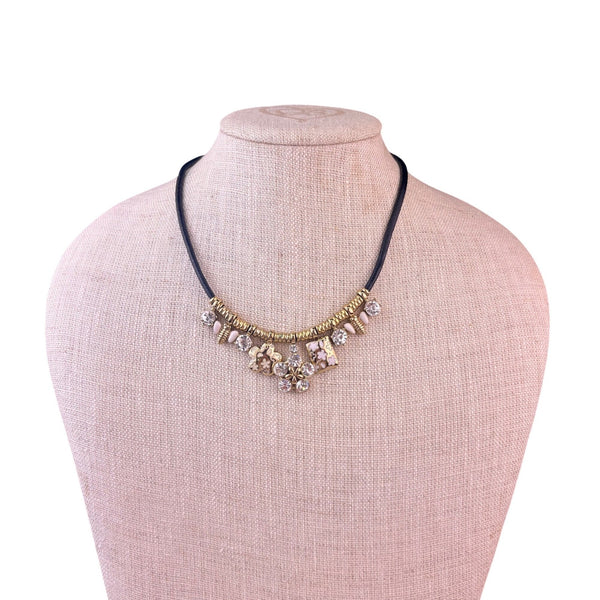 Pilgrim Womens Black Leather Necklace With Gold Tone & Crystal Charm 
