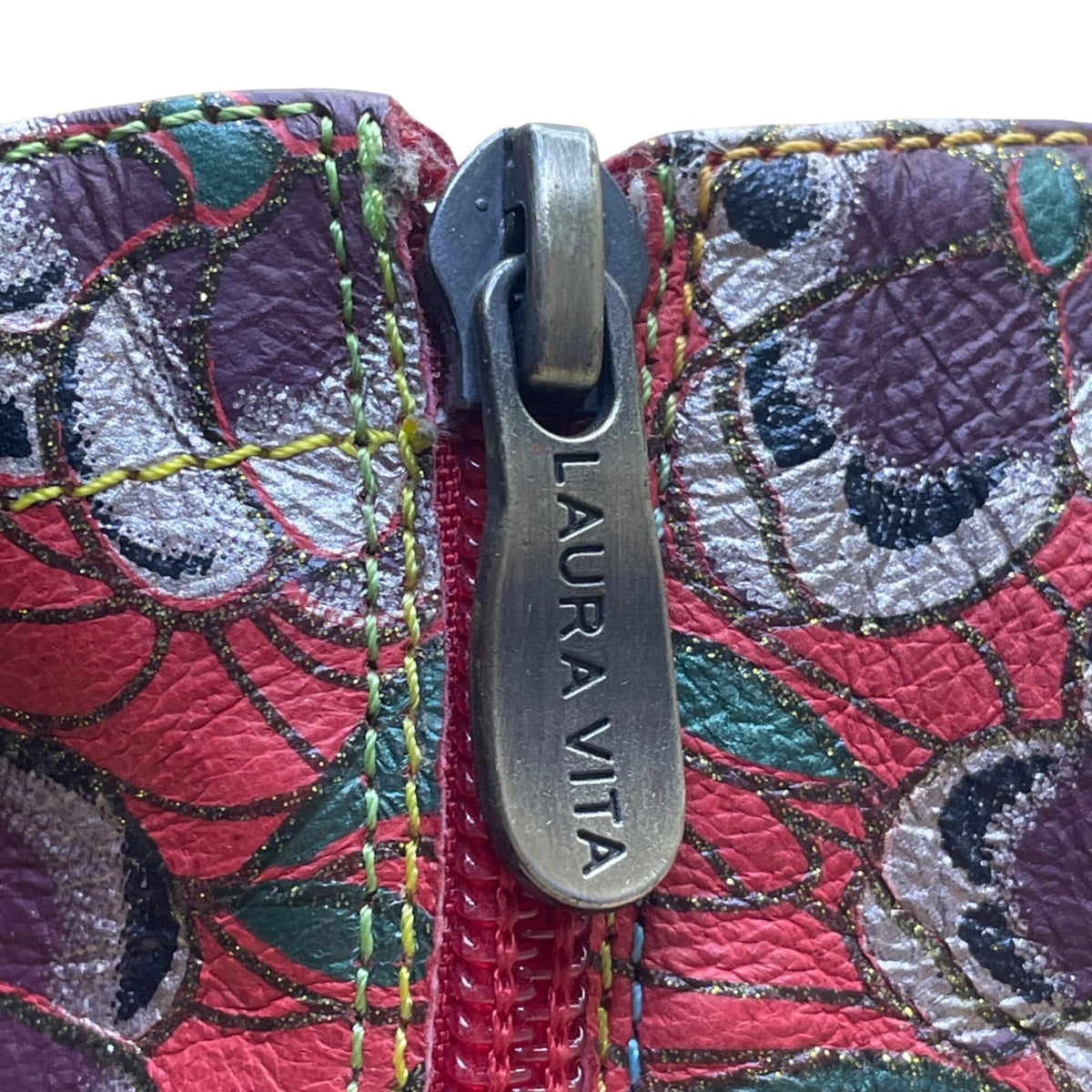 Laura Vita Women’s Red Floral Pattern Leather Open Toe Bow Accent Heels Size 10