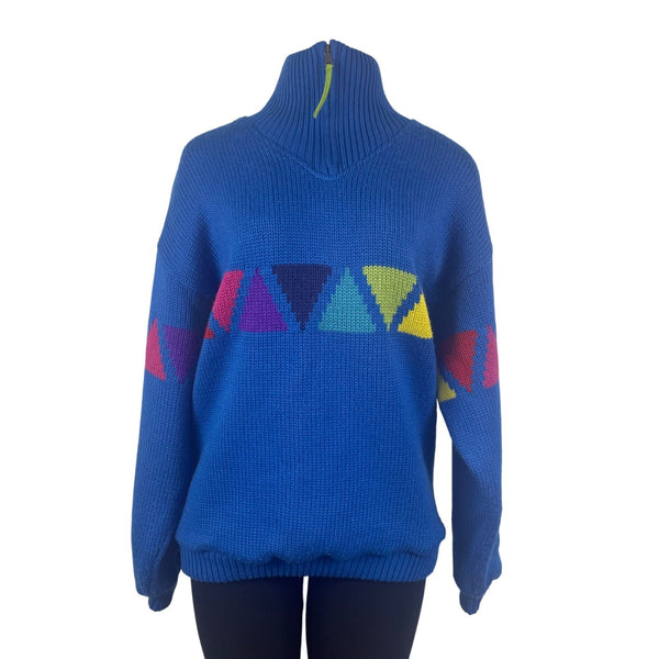 Sos Redline Vintage Unisex Blue Half-Zip Sweater With Triangle Pattern