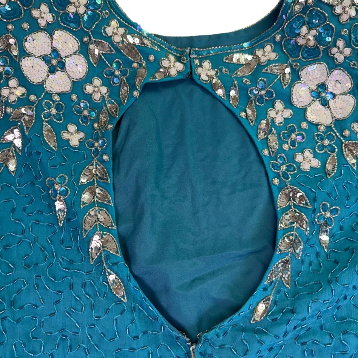 Sténay Womens Teal Beaded Sequin Floral Silk Evening Cocktail Dress Size 14