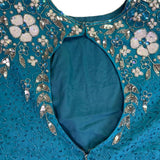 Sténay Womens Teal Beaded Sequin Floral Silk Evening Cocktail Dress Size 14