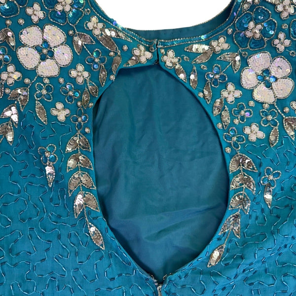 Sténay Womens Teal Beaded Sequin Floral Silk Evening Cocktail Dress Size 14