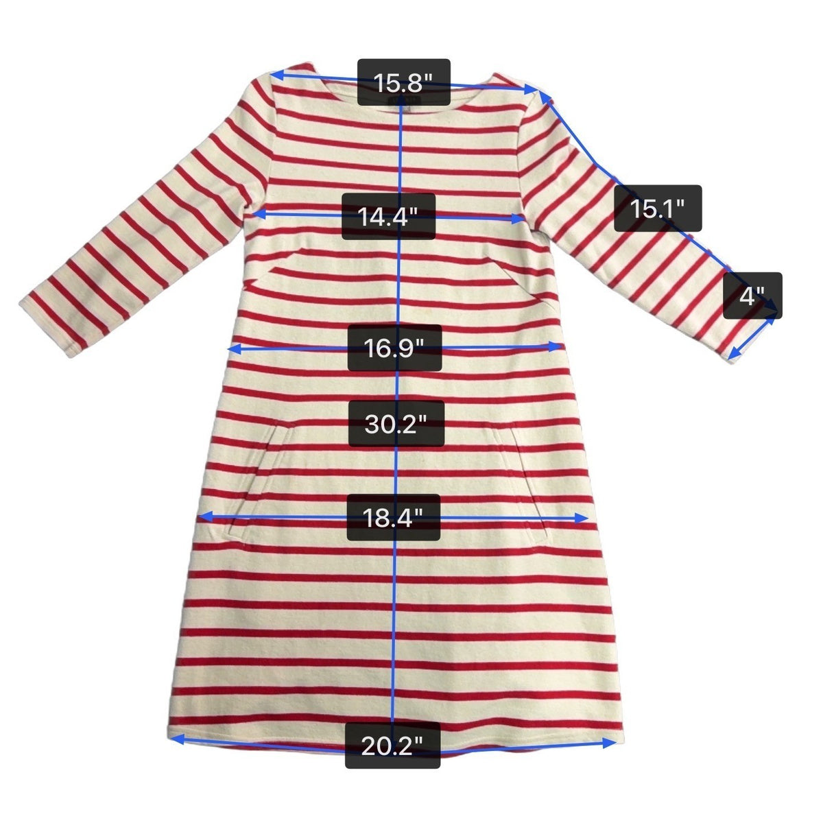 Lilla  P Womens Red / White Striped Dress 3/4 Sleeve Pockets Casual Sz XS