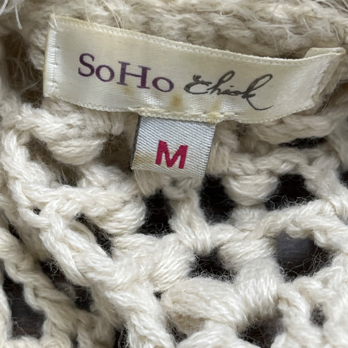 Soho Chick Womens Beige Crochet Knit Shawl Collar Vest Medium Acrylic Open Front