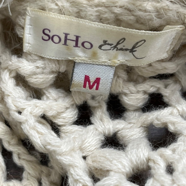 Soho Chick Womens Beige Crochet Knit Shawl Collar Vest Medium Acrylic Open Front