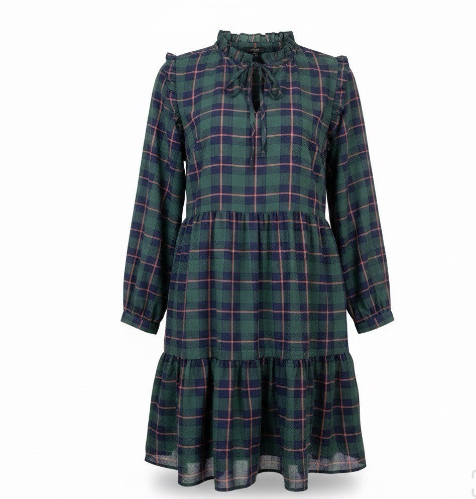 J.Crew Womens Green Plaid Polyester Long Sleeve Tiered Midi Dress Size L