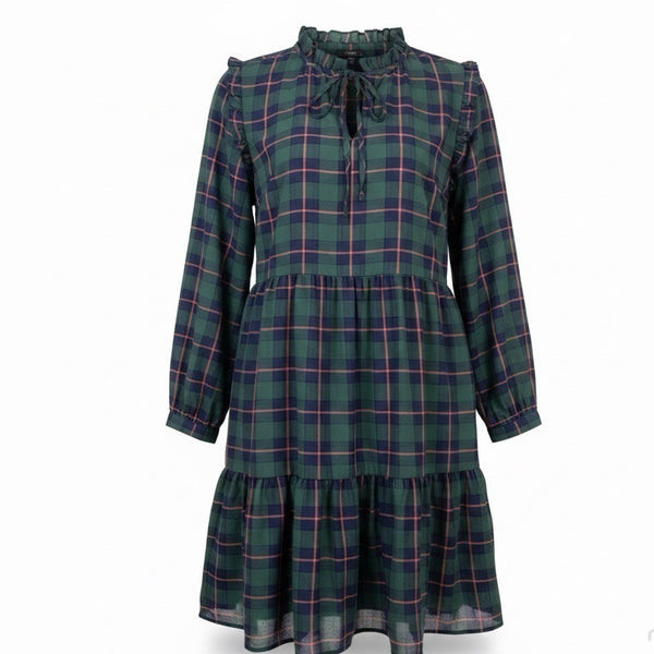J.Crew Womens Green Plaid Polyester Long Sleeve Tiered Midi Dress Size L