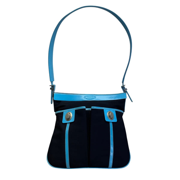 Tod’s Black & Blue Nylon Leather Trim With Silver Turn Lock Crossbody Bag