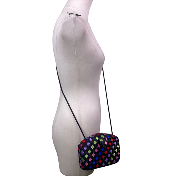 Women’s Black Multicolor Woven Satin Clasp Closure  Crossbody Purse Bag