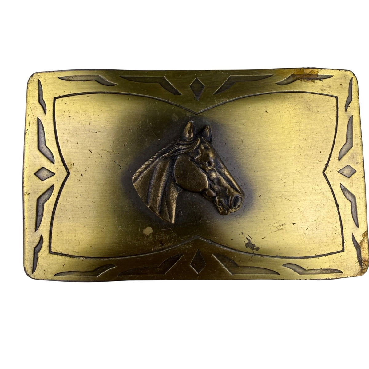 Vintage Brass Mens Western Belt Buckle Horse Head Design Rectangular 3.5"x2.5"