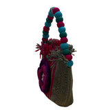 Handmade Women’s Pink & Brown Knitted Floral Design  Handbag With Beaded Handle