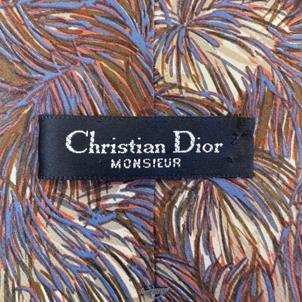 Christian D Mens Brown Blue Feather Print Silk Tie Italy Made USA