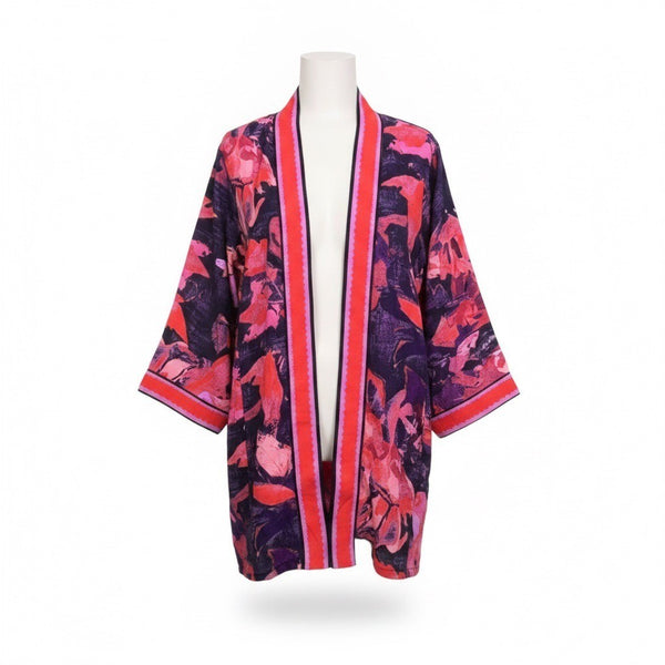 Bob Mackie Womens Multicolor Floral Kimono Jacket  Vibrant Pattern Size L