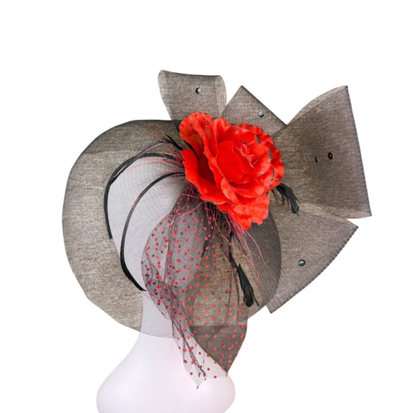 Black & Red Womens Mesh Fascinator Floral Detail & Polka Dot Netting Headband