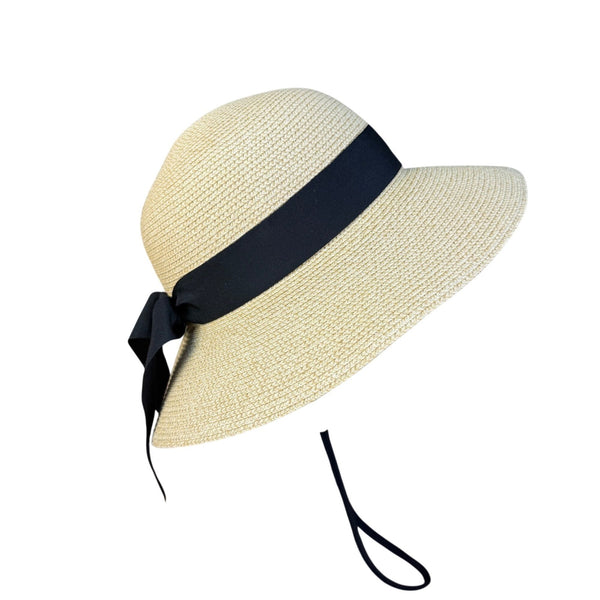 Furtalk Womens Beige Straw Sun Hat UPF 50+ Wide Brim Black Bow Summer