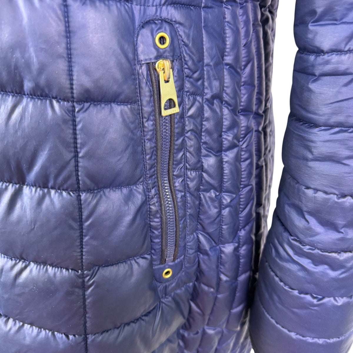 Guess Womens Navy Puffer Coat Faux Fur Hood Quilted Design Knee-Length Sz L